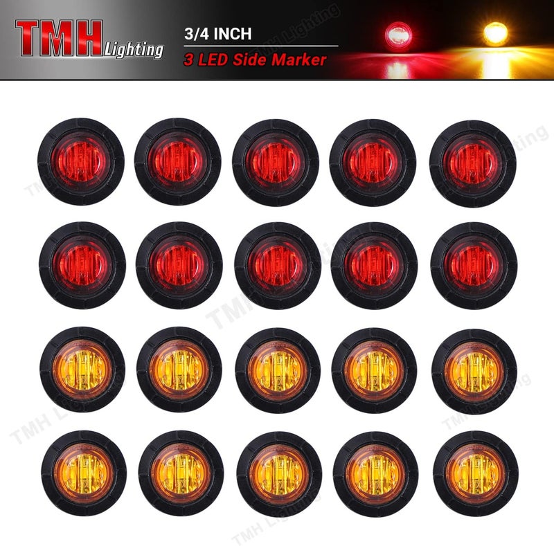 TMH 3/4 Inch Mount 10 pcs Amber + 10 pcs Red LED Clearance Bullet Side LED Marker Lights for Trailer Truck RV Car Bus Van (Pack of 20) - Image 2